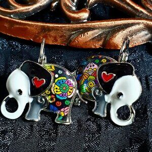 Handpainted Enamel Elephant Earrings Black Ears - White Trunk